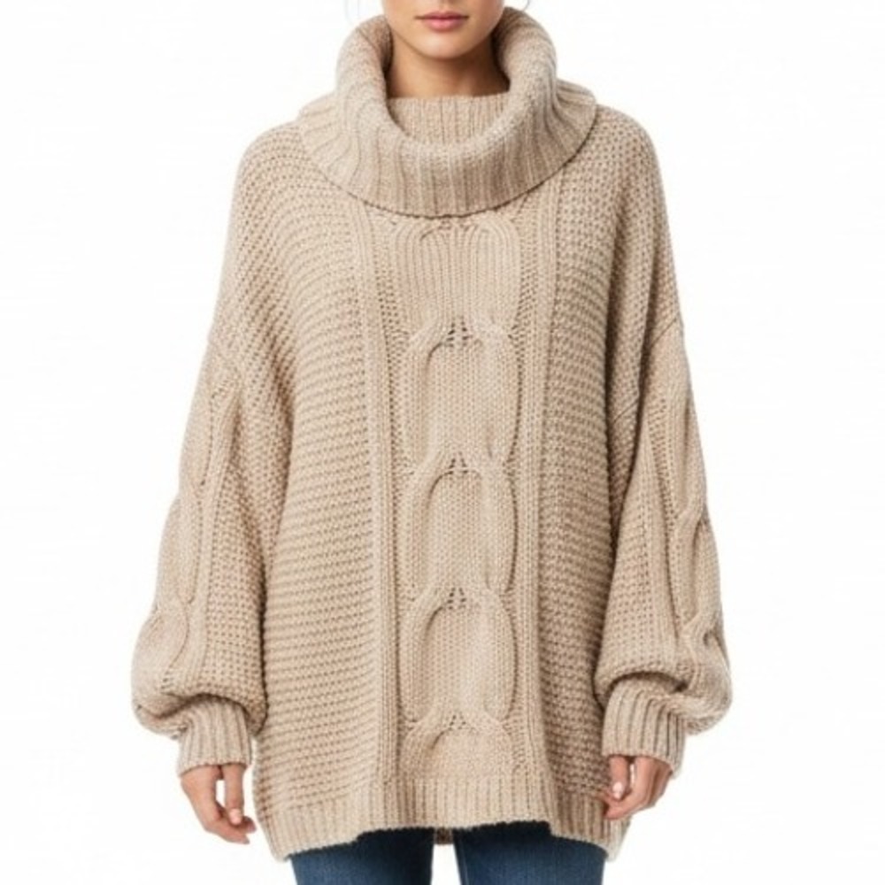 Seven7 Cable Knit Turtleneck Oversized Sweater XL Beige Cozy Chunky Pullover